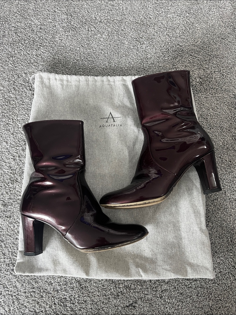 Aquatalia Patent Leather Mid-Calf Boots in Deep Plum